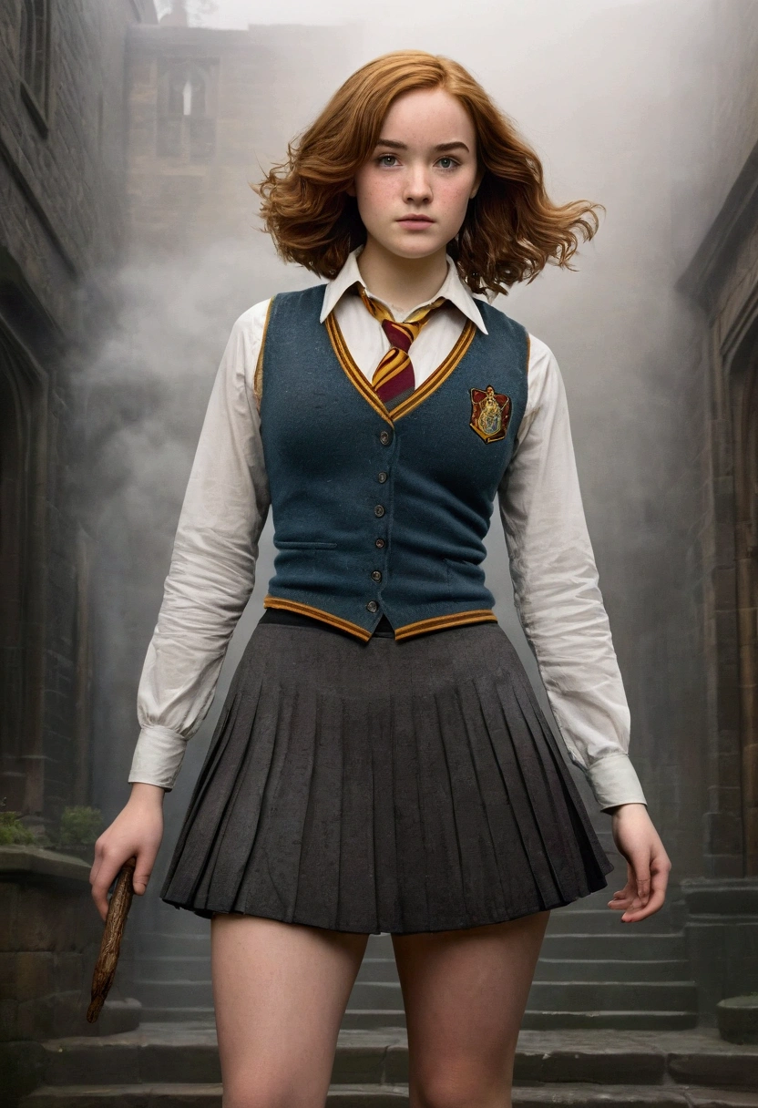 An illustrated movie poster, hand-drawn, full color, a female Hogwarts student, 18-years-old, wearing a charcoal vest and a pleated skirt, toned, amazonian stature, athletic hourglass figure, full wide hips, massive round butt, long shapely legs, ridiculously thick powerful thighs, light hazel eyes, deep dark auburn hair, short curly bob cut, flushed sun-kissed complexion, freckles, resembles Genevieve O'Reilly, standing in a foggy Hogwarts courtyard, surrounded by mist, graphite shading, stencil marks, airbrushed acrylic paint, masterpiece, in the Deathly Hallows 