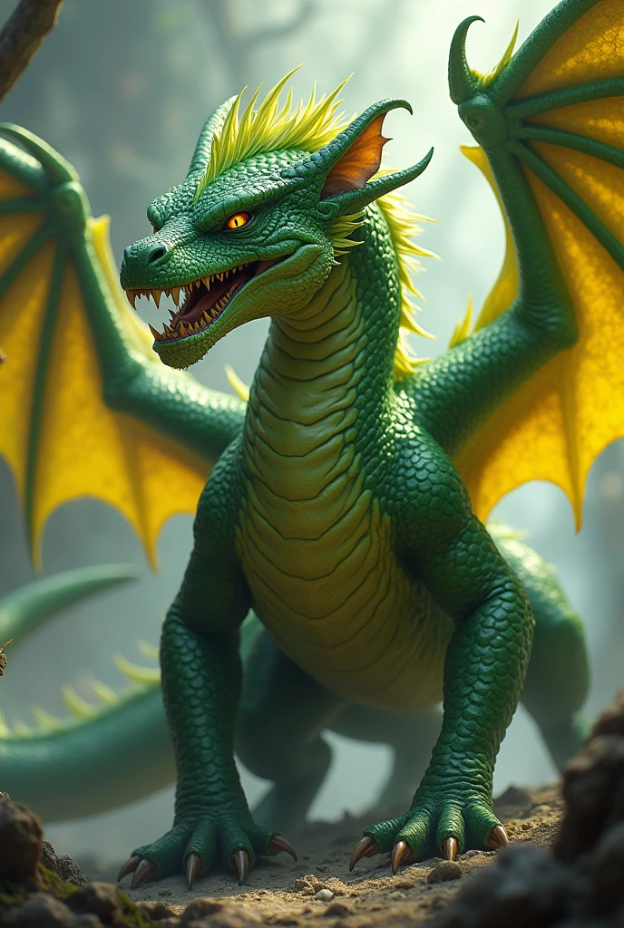 Green dragon with yellow cat wings and eyes with large, sharp teeth, showing his angry teeth