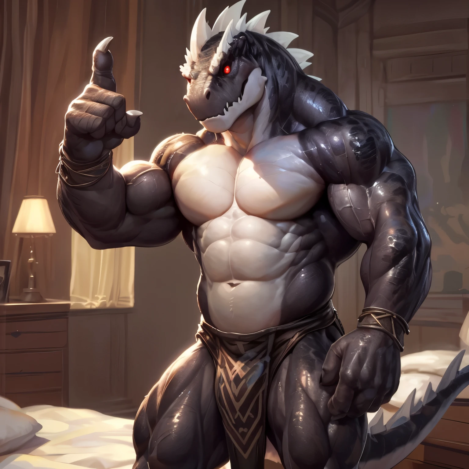 solo, anthro, furry male, ultra details, T-Rex, ((Ultra detailed muscles)), (T-Rex print), black scales, white belly, spiny scales, standing up, men's bodybuilding pose, front double biceps pose, bodyguard outfit, black claws, red eyes, slit eyes, slim fit, muscular slim, bedroom, menacing, handsome, flirting, ultra detailed eyes, pecs, tail, hind leg, (Masterpiece, by null-ghost, ultra hi-res, 8k), naked torso, black color loincloth, oil stain, looking at viewer,