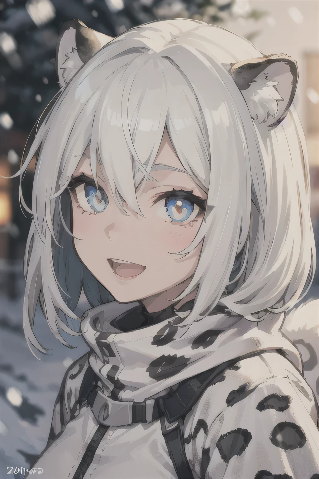 beautiful lighting、perfect lightning bolt、realistic shadow、Detailed skin、ultra-detailliert、detailed faces and eyes、Realistic eyes、Sharp pupils、sideshot、beauitful face、blurry backround、20 year old girl、shinny skin, the snow leopard tail、white hair、blue colored eyes、snow leopard ears、hair adornments、Smile with open mouth