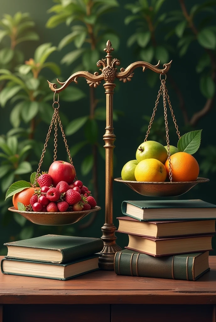 On a scale, one side has books and the other side has fruits