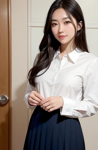 appropriate margins,perfection２Book Arms,perfection5本の指,perfection人体,Long, narrow eyes,smile,(1 person),(The most beautiful woman),Adult women,Moisturized Skin,Fair skin,long hair,Thin eyebrows,(iris),(skirt),shirt,Less exposure,The gesture of tying hair back