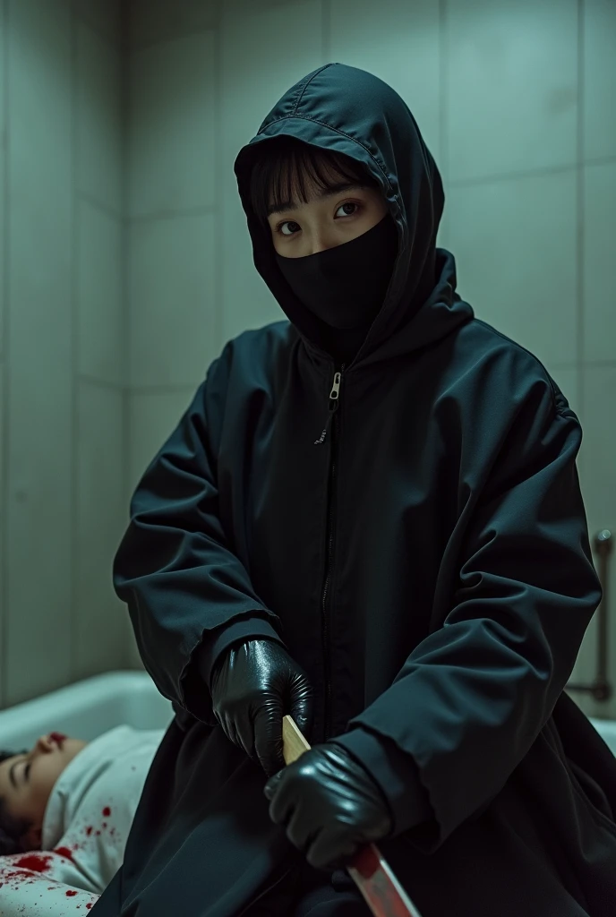 korean girl, (behind stiff, black balaclava mask), holding knife, stabbing, black leather gloves, bath room, black raincoat, girl only, holding knife, leather gloves, woman on top, behind cadaver, looking at viewer, blood splatter, night, mass murderer, killer, blood splatter, tripod and camera in the back, shooting with camera