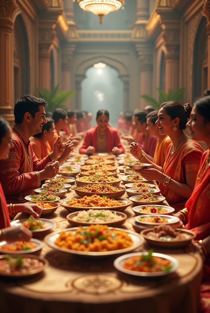 (realism) group of people in red Hindu clothing eating at a large table full of food