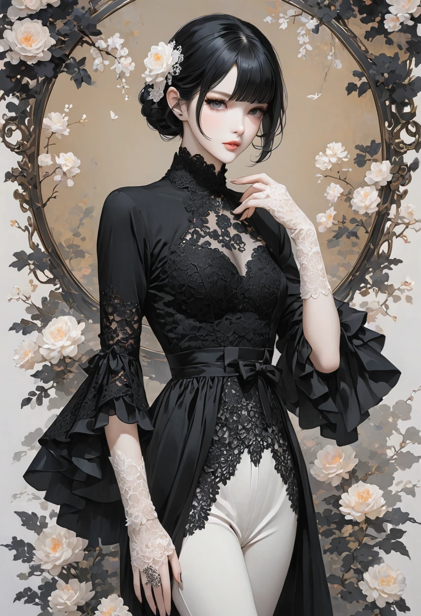 Elegant pale man, black clothes, lace on hands, black hair