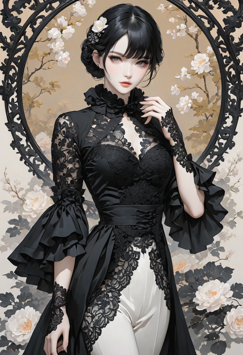 Elegant pale man, black clothes, lace on hands, black hair 