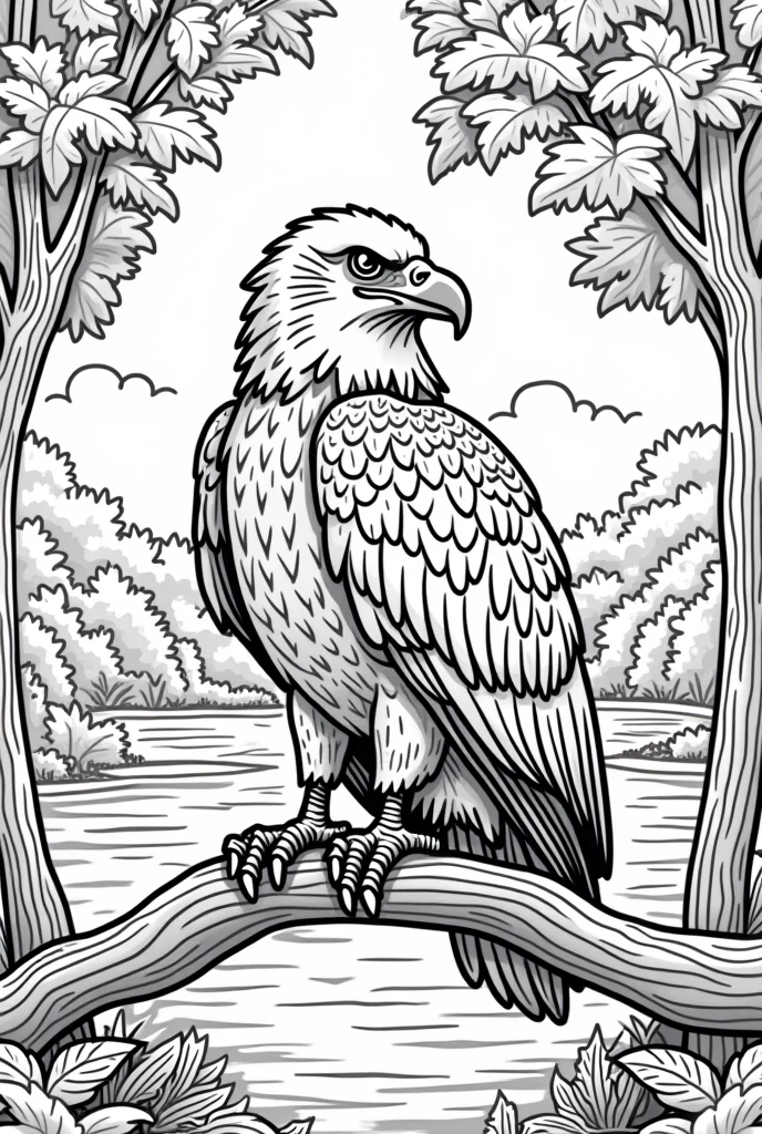 
non-coloured, coloring pages for adults, an image of a Majestic eagle perched on a branch, surrounded by vibrant fall foliage, with a serene lake or river in the background, cartoon style, thick lines, low detail, black and white, no shading, no coloring 



