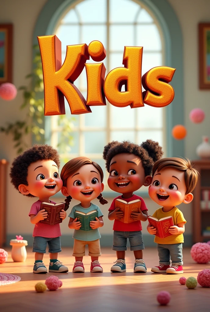 3D poster based on Disney Pixar with the cult name at the top of the image, highlighted the name VIDA KIDS, and happy 4 year olds with the bible in their hands and some sweets