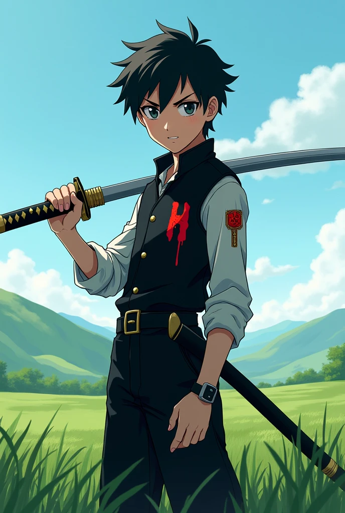 A boy have a Katana on his hand and is standing in the field. He is wearing a black vest, and the vest has an "H" written in blood on its side.in anime