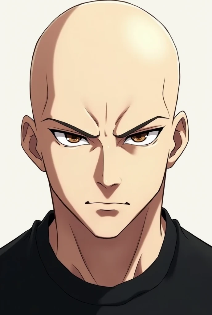 Create male character with black shirt, Naruto style, Caucasian skin, eyes browns , 正面, anime style image, cabelo pra 正面, front face, baldie, shaved head, more slanted eyes 