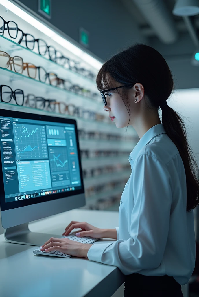 A girl working in a glasses store, that on her computer that she manages a control system is seen , let the store be seen