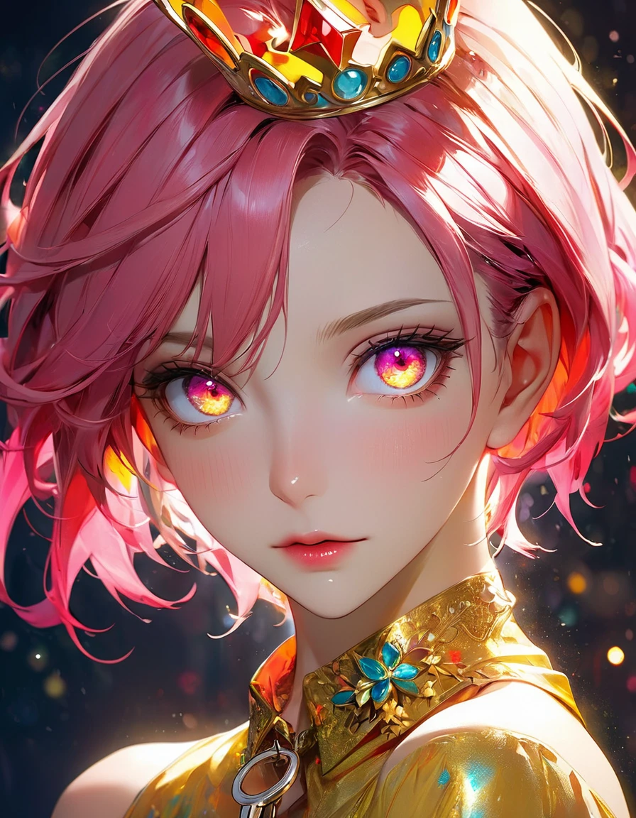 estilo filme de terror concept art by Pino Daeni, Jeremy Mann, Greg Rutkowski, Konstantin Razumov, Vladimir Volegov Realistic tom.de pele cinza closeup portrait of a model 4k beautiful Arlequina picante sexy super brilhante Sensual soft ONLY pink neon  diamond eyes eagle sobrancelhas pintadas de pink spray florescente brilhante yellow spray good neon and gold spirit, red threads, key light reflected in the eyes, red crown on the head, painted background, studio portrait, soft light, bezel lighting, shimmer in the eyes, bokeh background, picturesque, buff painting, (detailed faces:1. 3), (Detailed Eyes:1.3 8K,