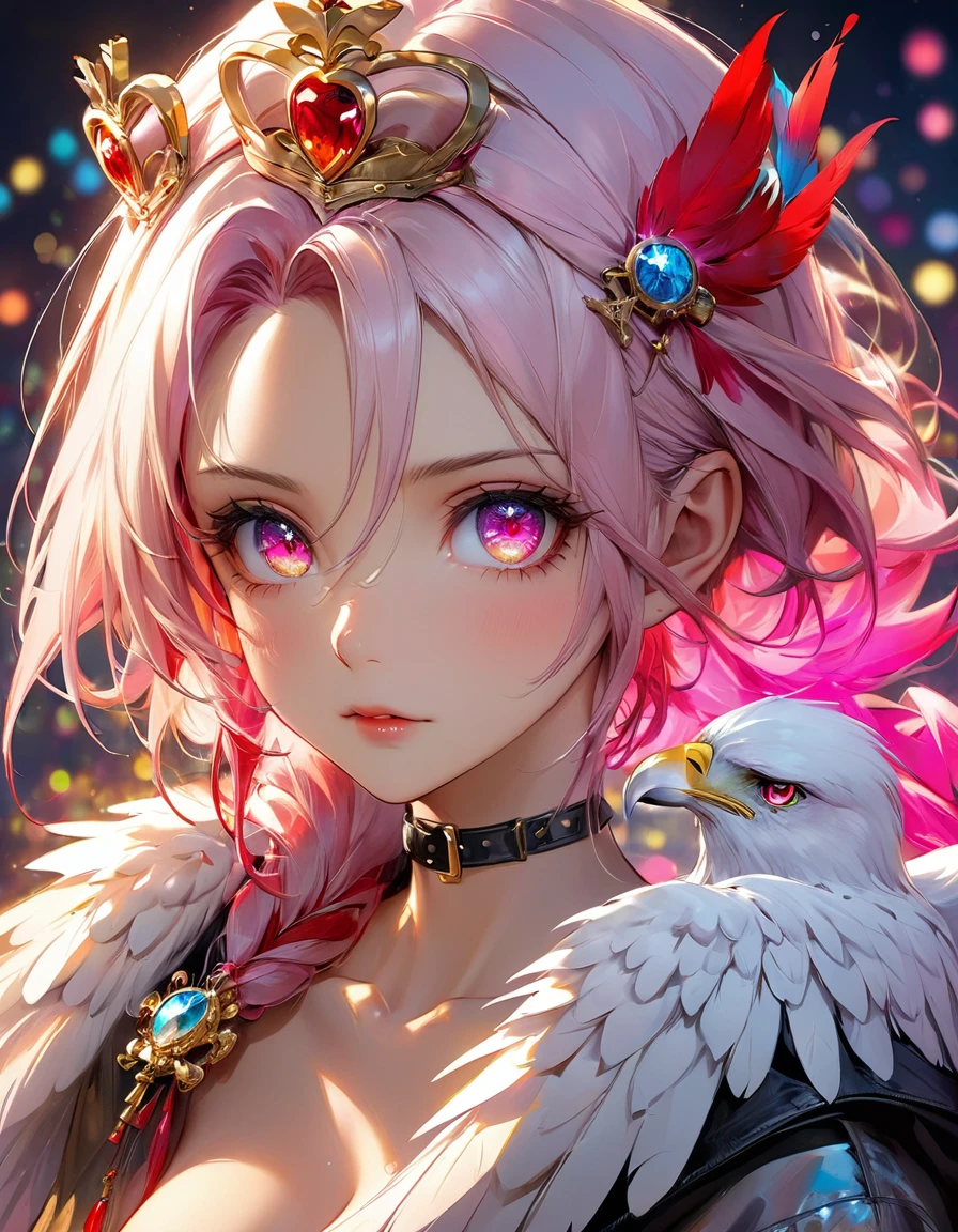 estilo filme de terror concept art by Pino Daeni, Jeremy Mann, Greg Rutkowski, Konstantin Razumov, Vladimir Volegov Realistic tom.de pele cinza closeup portrait of a model 4k beautiful Arlequina picante sexy super brilhante Sensual soft ONLY pink neon diamond eyes eagle sobrancelhas pintadas de pink spray florescente brilhante yellow spray good neon and gold spirit, red threads, key light reflected in the eyes, red crown on the head, painted background, studio portrait, soft light, bezel lighting, shimmer in the eyes, bokeh background, picturesque, buff painting, (detailed faces:1. 3), (Detailed Eyes:1.3 8K,