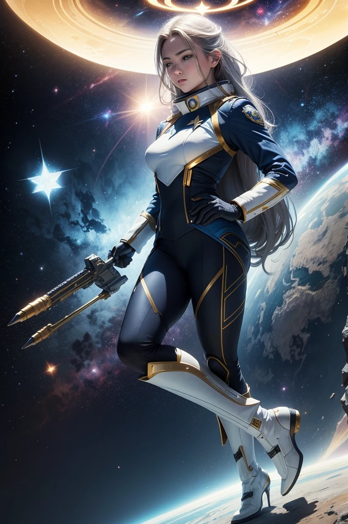 To create an elegant and exclusive uniform for a space explorer team similar to the uniforms from the franchise "star"trek", more of a high goal, with a different emblem in the shape of a bird and a four-pointed star inside a circle, using golden colors, silver and blue, used by a greenish humanoid reptilian man, 精致的面容, soft and expressive extremely big and strong using all kinds of weapons as a warrior in a spaceship, full body view