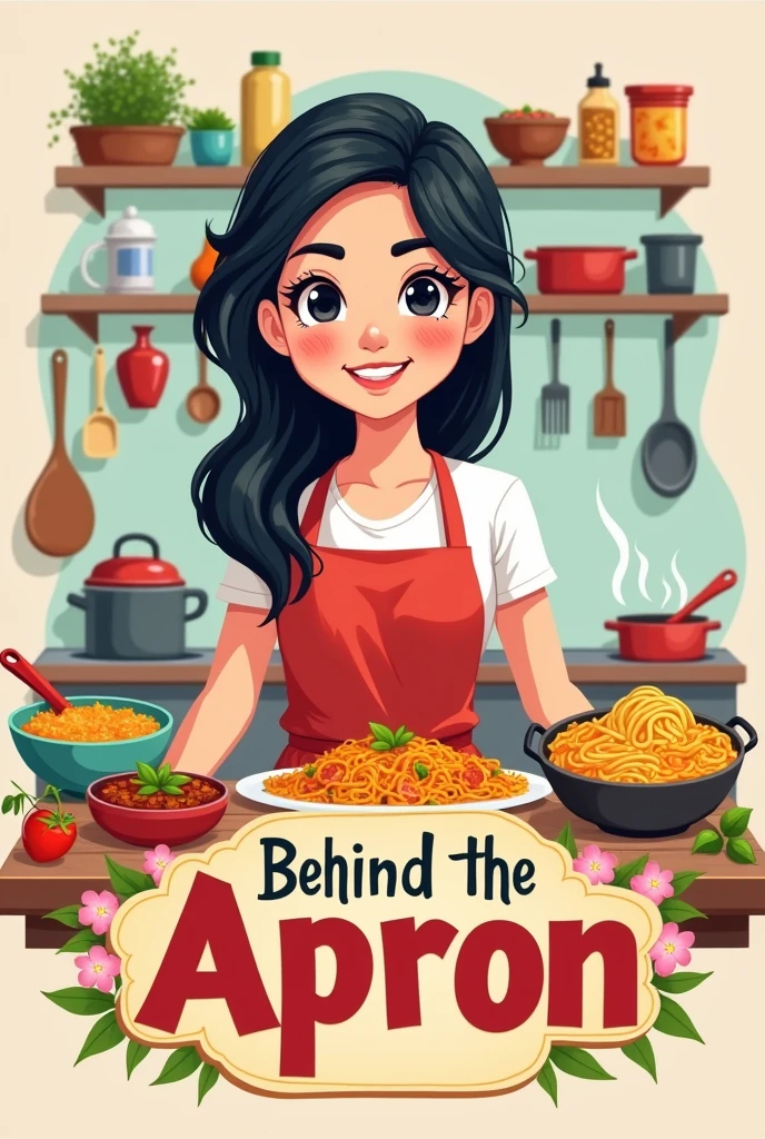 I wanna create a logo for my Instagram cooking  blog called Behind The Apron. A cartoon of me, with fair skin and black hair, standing in front of a kitchen counter filled with cooking ingredients. You could be surrounded by pasta, biryani, noodles, etc…
I want it to say "Behind the Apron" in a bold font.