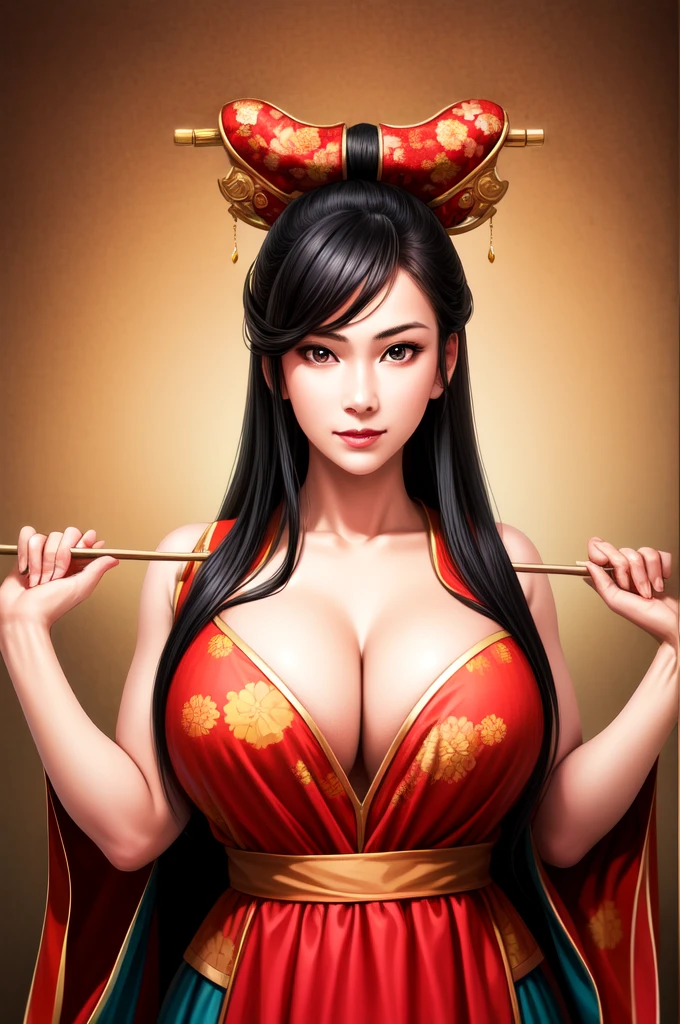 (4K, best quality, high resolution:1.2), (masterpiece:1.37), 1 Girl, Pretty Face, Delicate eyes , Large Breasts, Fine hair, Long hair,
skirt, Chinese clothes, Print, Black Hair, Red Eyes , Looking at the audience, fan, arms, confident, holding arms, permanent, whole body,