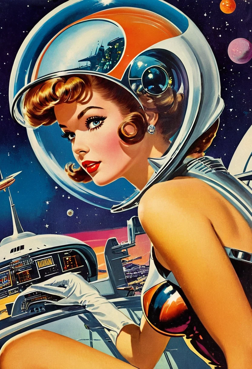 retro futuristic, ((retro futurism)), ((Science fiction)), 1950s, (((1960s))), 1970s decade, (alien women),