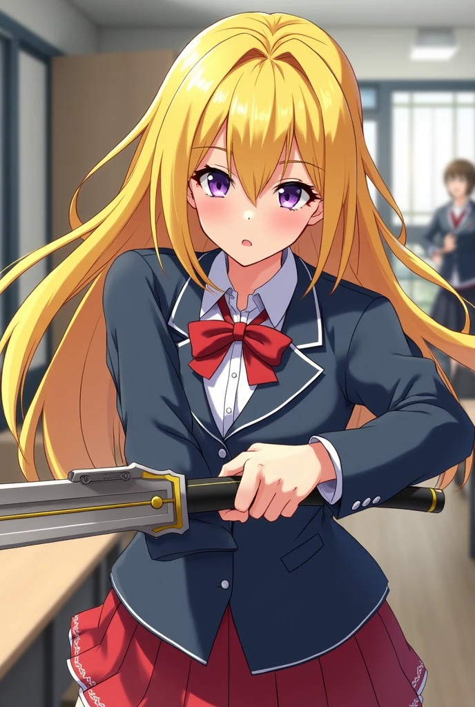 Ibuki yellow hair holding a weapon and school uniform , dick 1