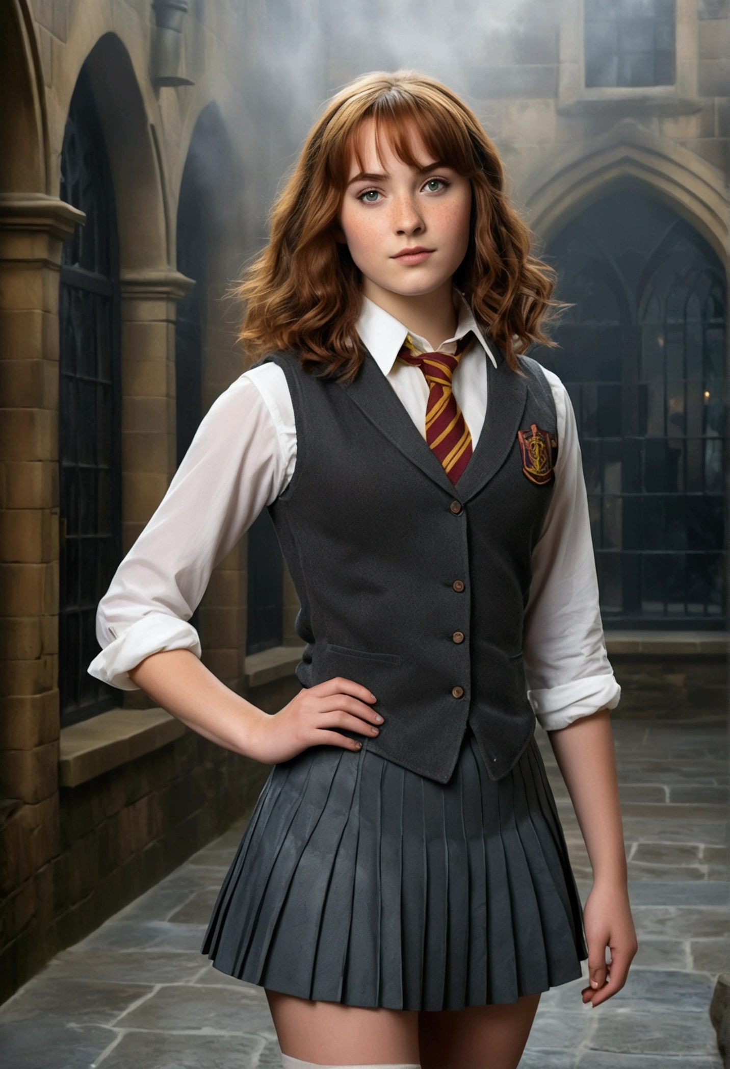 An illustrated movie poster, hand-drawn, full color, a female Hogwarts student, 18-years-old, wearing a charcoal vest and a pleated skirt, toned, amazonian stature, athletic hourglass figure, full wide hips, massive round butt, long shapely legs, ridiculously thick powerful thighs, vibrant hazel eyes, deep dark auburn hair, short curly bob cut, flushed sun-kissed complexion, freckles, resembles Genevieve O'Reilly, standing in a foggy Hogwarts courtyard, surrounded by mist, graphite shading, stencil marks, airbrushed acrylic paint, masterpiece, in the Deathly Hallows