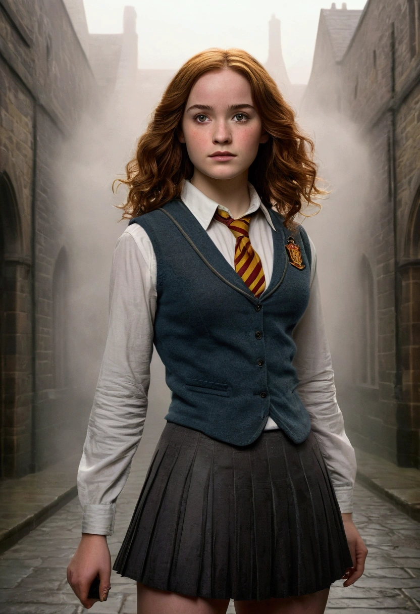 An illustrated movie poster, hand-drawn, full color, a female Hogwarts student, 18-years-old, wearing a charcoal vest and a pleated skirt, toned, amazonian stature, athletic hourglass figure, full wide hips, massive round butt, long shapely legs, ridiculously thick powerful thighs, vibrant hazel eyes, deep dark auburn hair, short curly bob cut, flushed sun-kissed complexion, freckles, resembles Genevieve O'Reilly, standing in a foggy Hogwarts courtyard, surrounded by mist, graphite shading, stencil marks, airbrushed acrylic paint, masterpiece, in the Deathly Hallows 