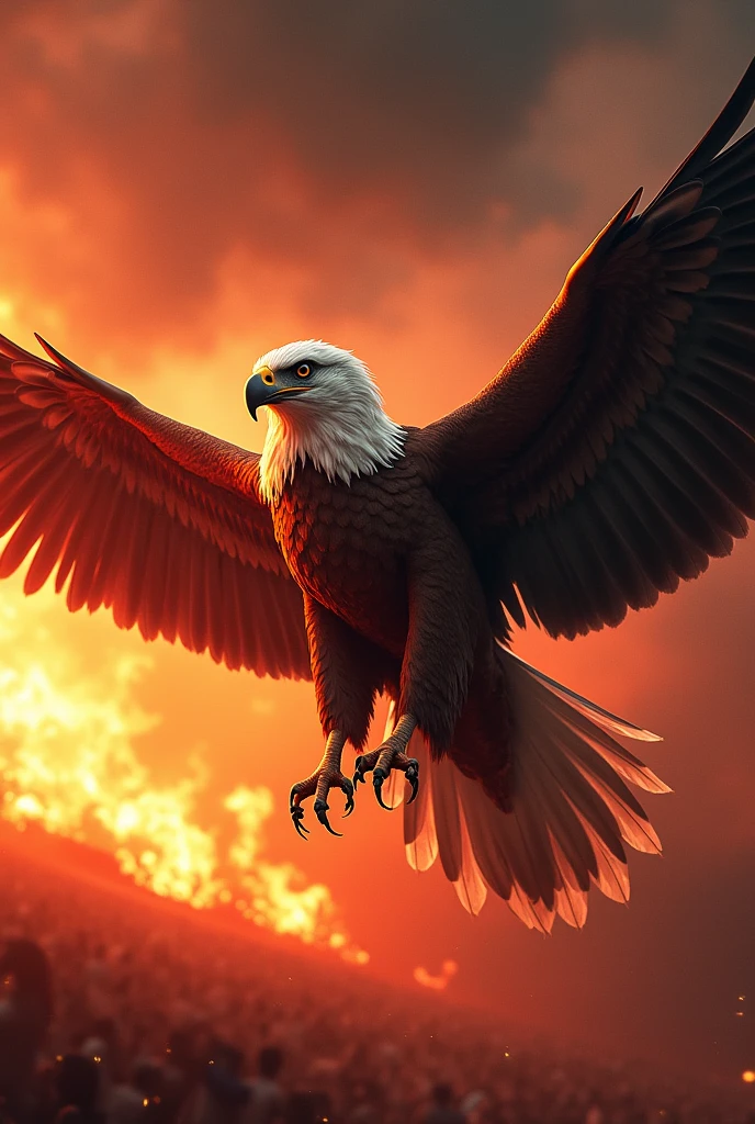 Al Ahly Egyptian football team, a majestic eagle soaring in the background with wings spread, a raging fire behind it, (best quality,4k,8k,highres,masterpiece:1.2),ultra-detailed,(realistic,photorealistic,photo-realistic:1.37),dramatic lighting,epic,cinematic,powerful,imposing,intricate details,stunning,vibrant colors,dramatic shadows,intense atmosphere,heroic poses,muscular builds,determined expressions,national pride