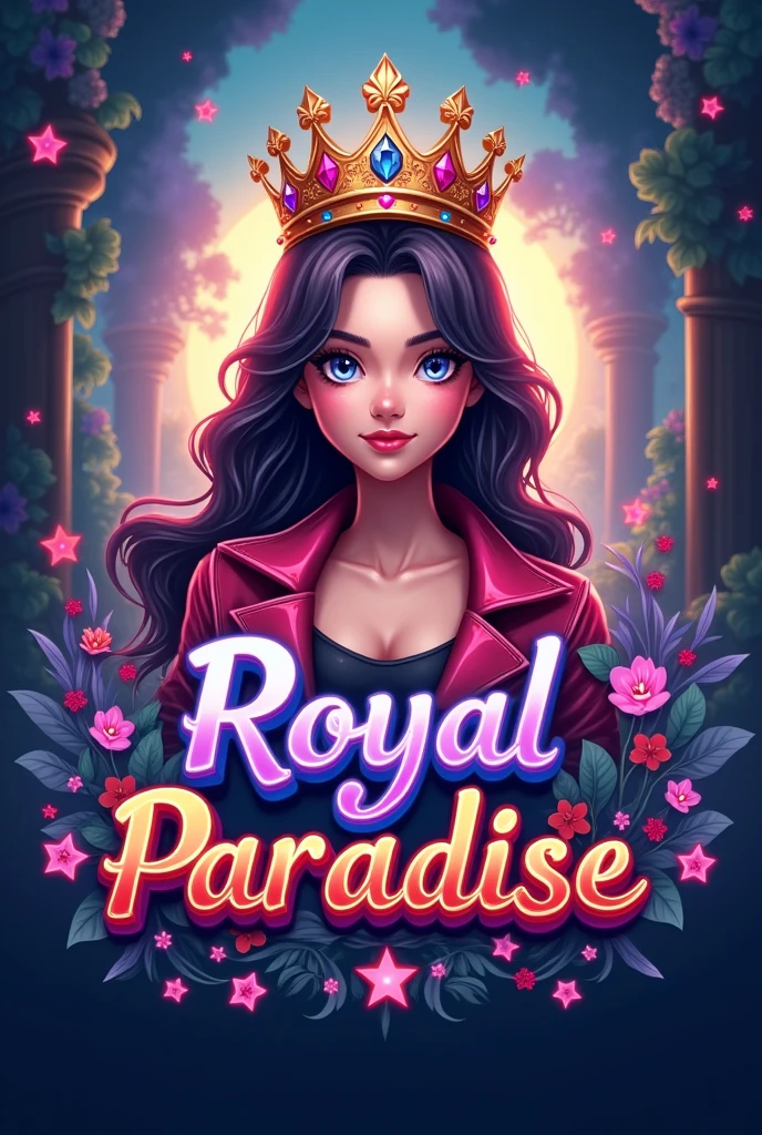 Generate a gaming platform logo named royal paradise using a  gamer girl with crown with gamer dress writing royal paradise on image