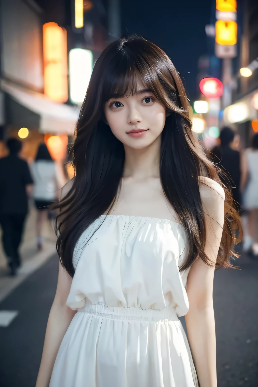 1 person。Night cityscape、Shinjuku downtown、Neon Town、whole body、(16K、Live Shooting、Highest quality、masterpiece:1.2)、(Real、フォトReal:1.37)、Highly detailed eyelash drawing、(((Highest quality))), (Perfect fit Anatomy), (Realism), (Movement angle), Seductive pose,Perfect fit, Looking lewdly、Highest quality、High resolution、Wearing fashionable summer clothes、Street Snap、Long and wavy hair、Stylish Fashion、30th Generation,Kyoko Fukada、from the front,Long Hair,laughing,There are no people in the background