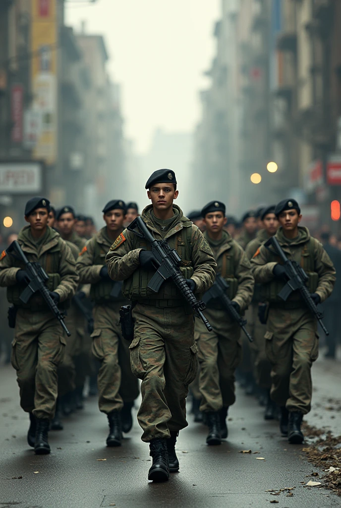 Twenty new born camouflaged and beret-clad soldiers carrying M16 military rifles parade through a real location in a realistic full body style.