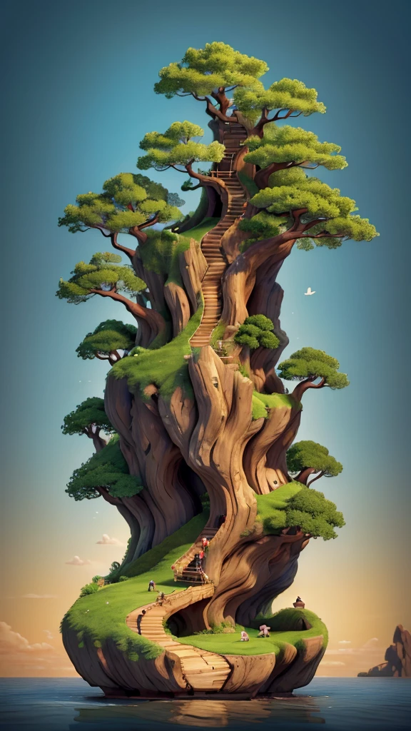 Create an image featuring a surreal landscape. In the center, there is a large, lush green tree with a dense canopy shaped like an umbrella. This tree is perched atop a curved, towering piece of land that resembles a broken tree trunk. Below the trunk piece, on the ground, there is a small wooden boat resting on what appears to be water or another reflective surface. Attached to the top of the curved land piece is a rope that extends downward. At the end of this rope, there is a figure climbing towards the tree. The background has a gradient of warm tones giving an overall dreamlike and serene atmosphere to the scene.