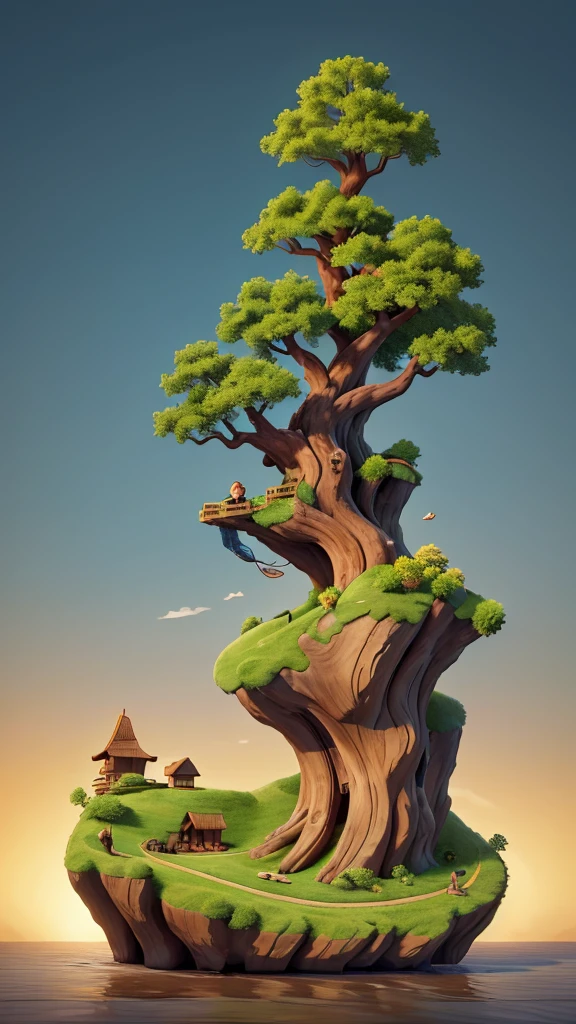 Create an image featuring a surreal landscape. In the center, there is a large, lush green tree with a dense canopy shaped like an umbrella. This tree is perched atop a curved, towering piece of land that resembles a broken tree trunk. Below the trunk piece, on the ground, there is a small wooden boat resting on what appears to be water or another reflective surface. Attached to the top of the curved land piece is a rope that extends downward. At the end of this rope, there is a figure climbing towards the tree. The background has a gradient of warm tones giving an overall dreamlike and serene atmosphere to the scene.