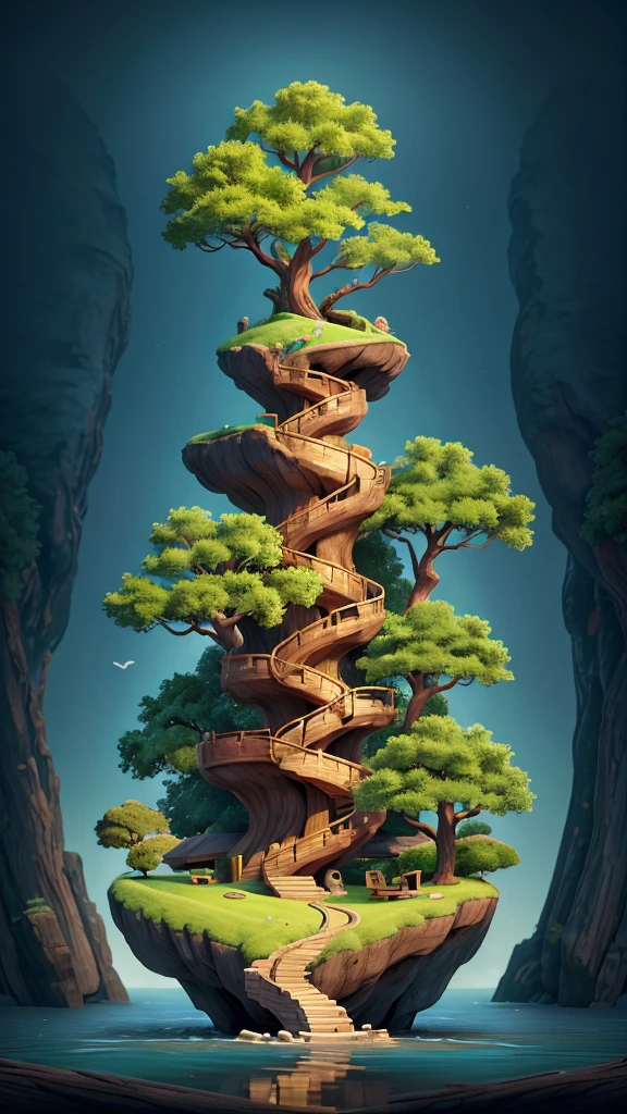 Create an image featuring a surreal landscape. In the center, there is a large, lush green tree with a dense canopy shaped like an umbrella. This tree is perched atop a curved, towering piece of land that resembles a broken tree trunk. Below the trunk piece, on the ground, there is a small wooden boat resting on what appears to be water or another reflective surface. Attached to the top of the curved land piece is a rope that extends downward. At the end of this rope, there is a figure climbing towards the tree. The background has a gradient of warm tones giving an overall dreamlike and serene atmosphere to the scene.