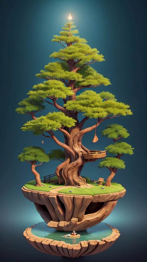 Create an image featuring a surreal landscape. In the center, there is a large, lush green tree with a dense canopy shaped like an umbrella. This tree is perched atop a curved, towering piece of land that resembles a broken tree trunk. Below the trunk piece, on the ground, there is a small wooden boat resting on what appears to be water or another reflective surface. Attached to the top of the curved land piece is a rope that extends downward. At the end of this rope, there is a figure climbing towards the tree. The background has a gradient of warm tones giving an overall dreamlike and serene atmosphere to the scene.
