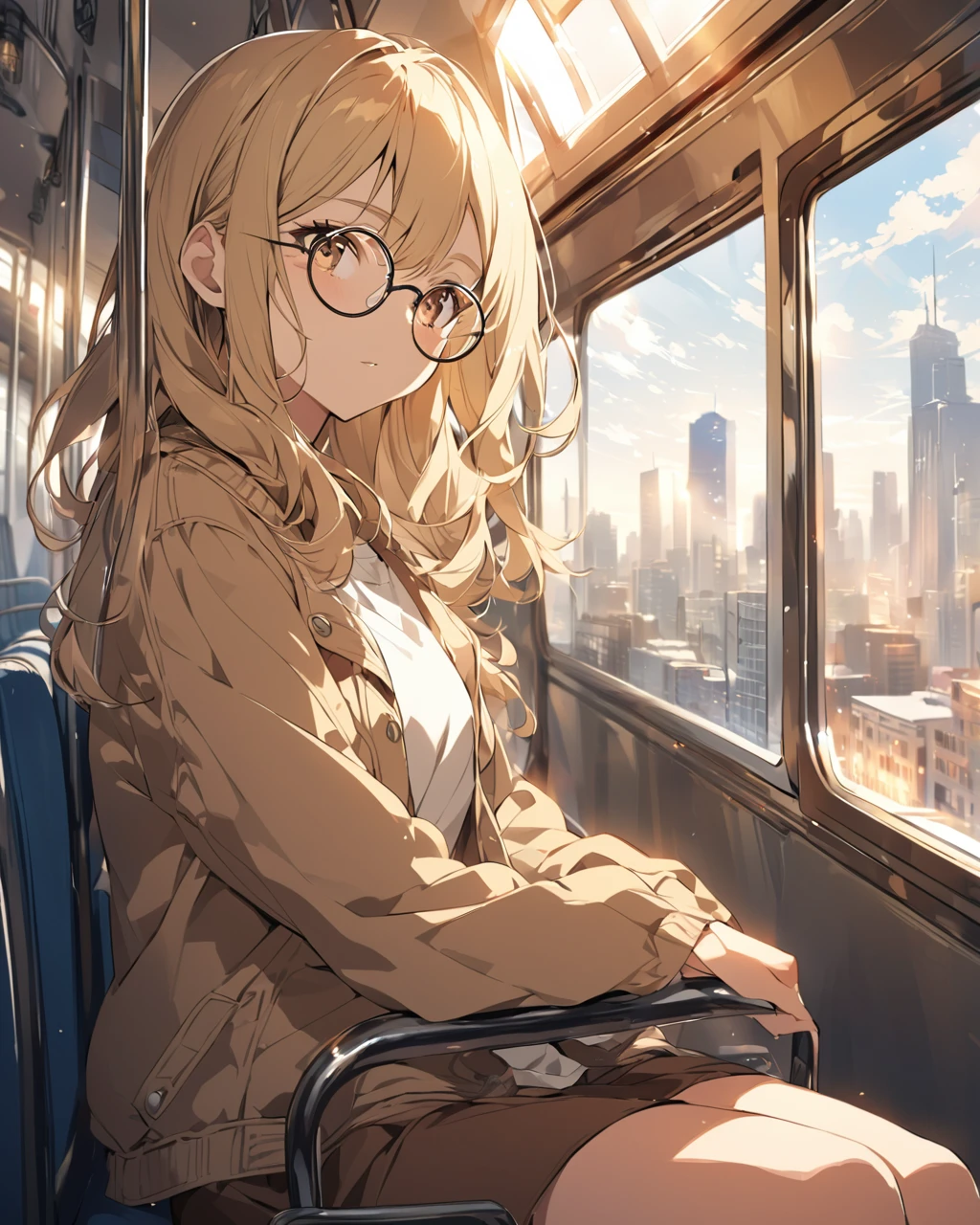 A detailed anime-style illustration of a young woman sitting on a bus seat. She has long, wavy blonde hair and is wearing round glasses. The woman is dressed in a casual outfit with a beige jacket, white t-shirt, and a short brown skirt. The bus interior is well-lit, with sunlight streaming through the large windows. The setting is urban with some blurred buildings and vehicles visible outside the window. The overall atmosphere is calm and reflective."