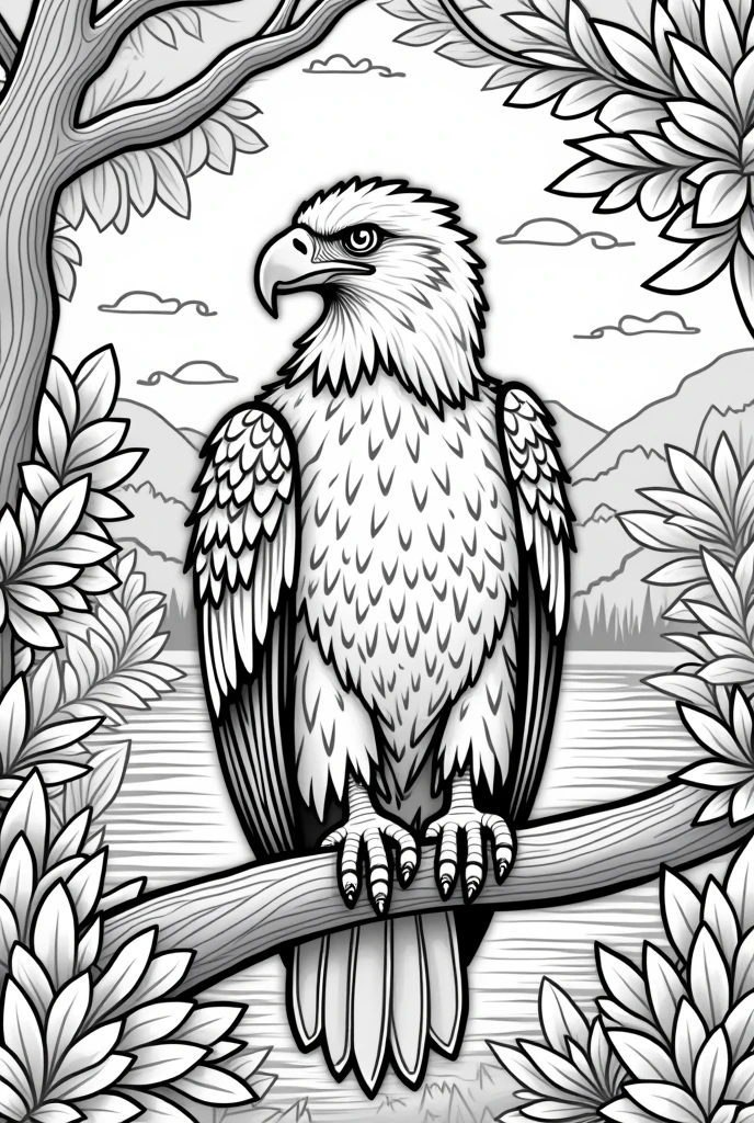 non-coloured, coloring pages for adults, an image of a Majestic eagle perched on a branch, surrounded by vibrant fall foliage, with a serene lake or river in the background, cartoon style, thick lines, low detail, black and white, no shading, no coloring