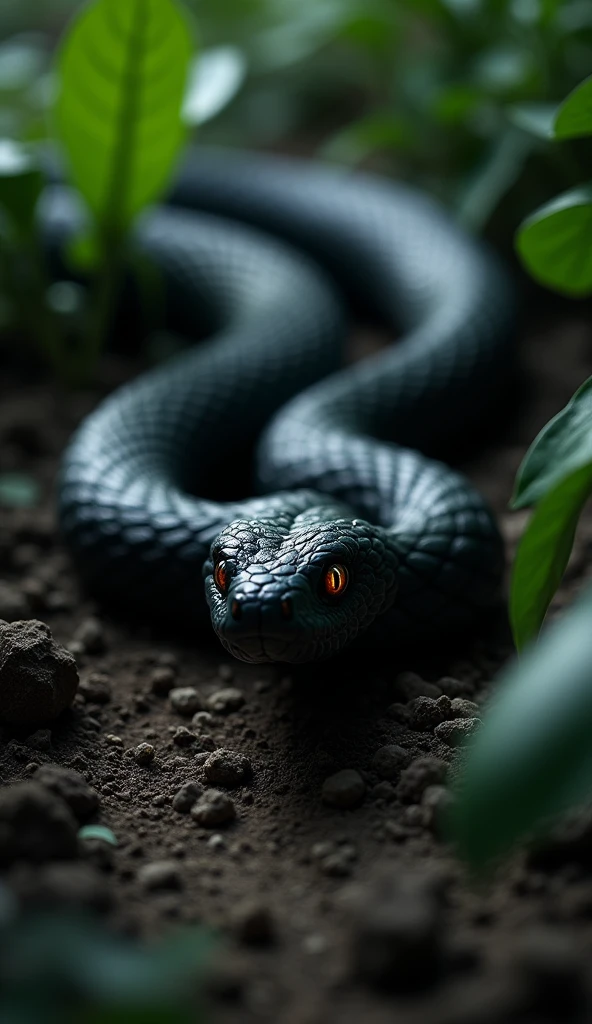 A close-up of a dark, slender snake slithering through the shadows at the base of the garden plants. The snake's eyes gleam with malevolent intent as it silently moves toward the roots of the flowers.