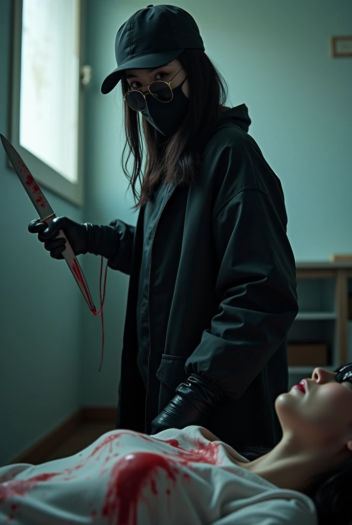 korean girl, (behind stiff, holding knife), stabbing, black surgical mask, black gloves, sunglasses, white room, black raincoat, trucker hat, holding knife, black gloves, , woman on top, behind cadaver, blood splatter, girl only, looking at viewer, mass murderer, killer, blood splatter, dark atmosphere, cinematic lighting, atmospheric realistic, light from the window,