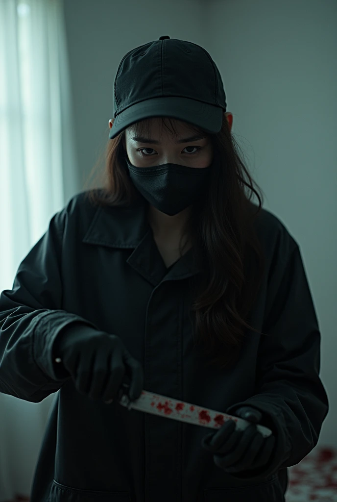 korean girl, (behind stiff, holding knife), stabbing, black surgical mask, black gloves, sunglasses, white room, black raincoat, trucker hat, holding knife, black gloves, , woman on top, behind cadaver, blood splatter, girl only, looking at viewer, mass murderer, killer, blood splatter, dark atmosphere, cinematic lighting, atmospheric realistic, light from the window,