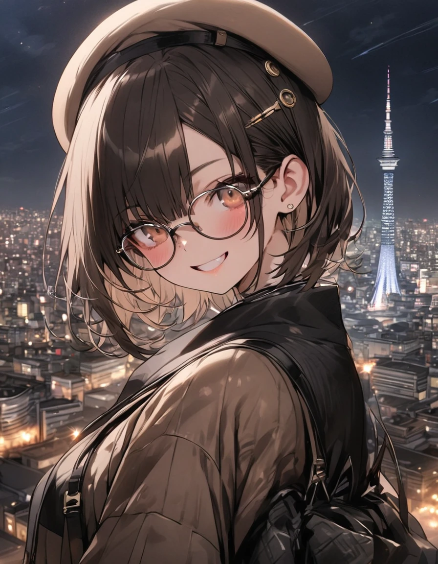 masterpiece、1 girl, short hair, (((brown tone on tone clothes))), (beret), glasses, smile, Tokyo city background, city of Tokyo, Night, ((tokyo sky tree))