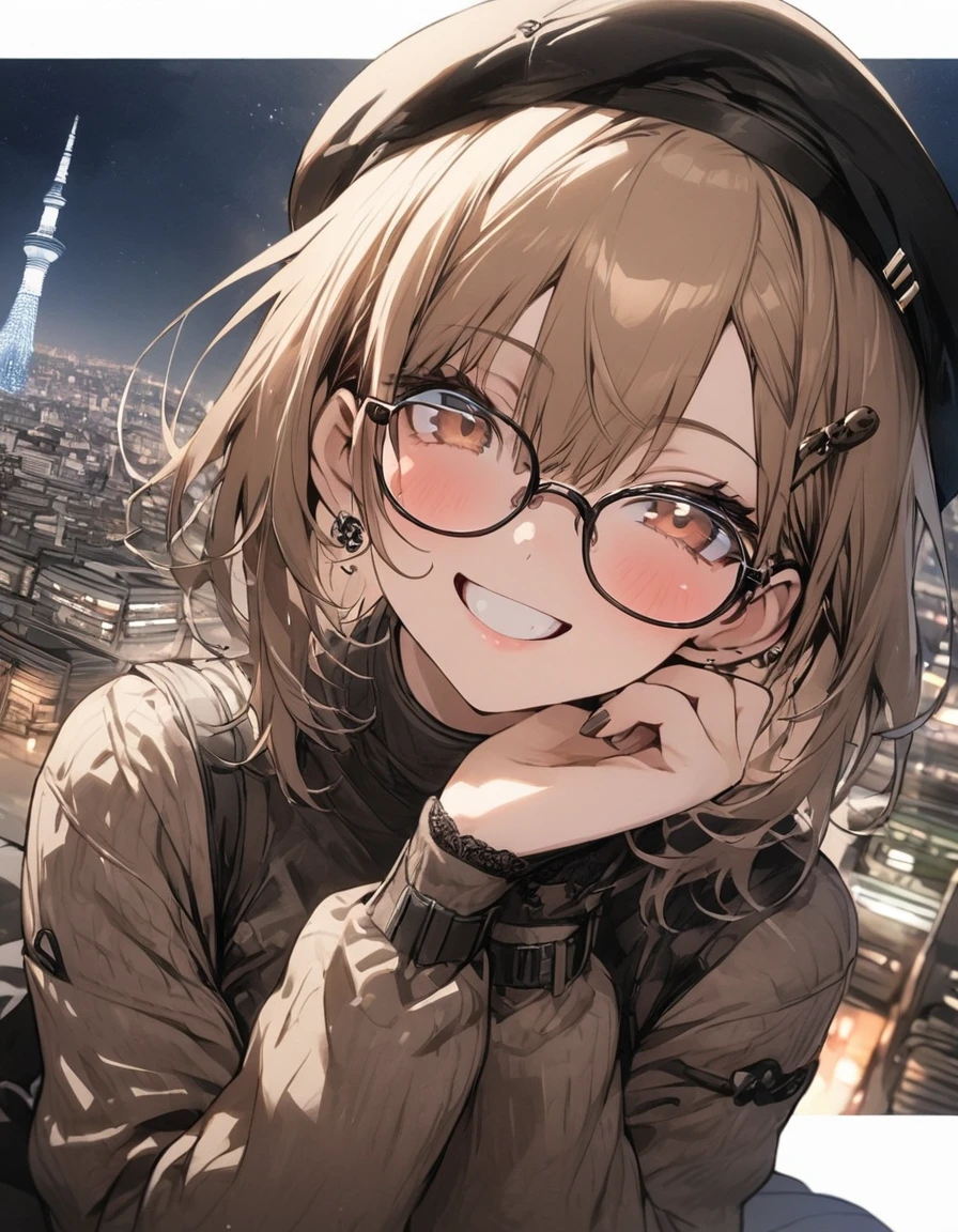 masterpiece、1 girl, short hair, (((brown tone on tone clothes))), (beret), glasses, smile, Tokyo city background, city ​​of Tokyo, Night, ((tokyo sky tree))