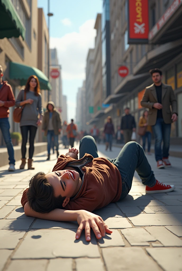 A person lying on the ground because he tripped 