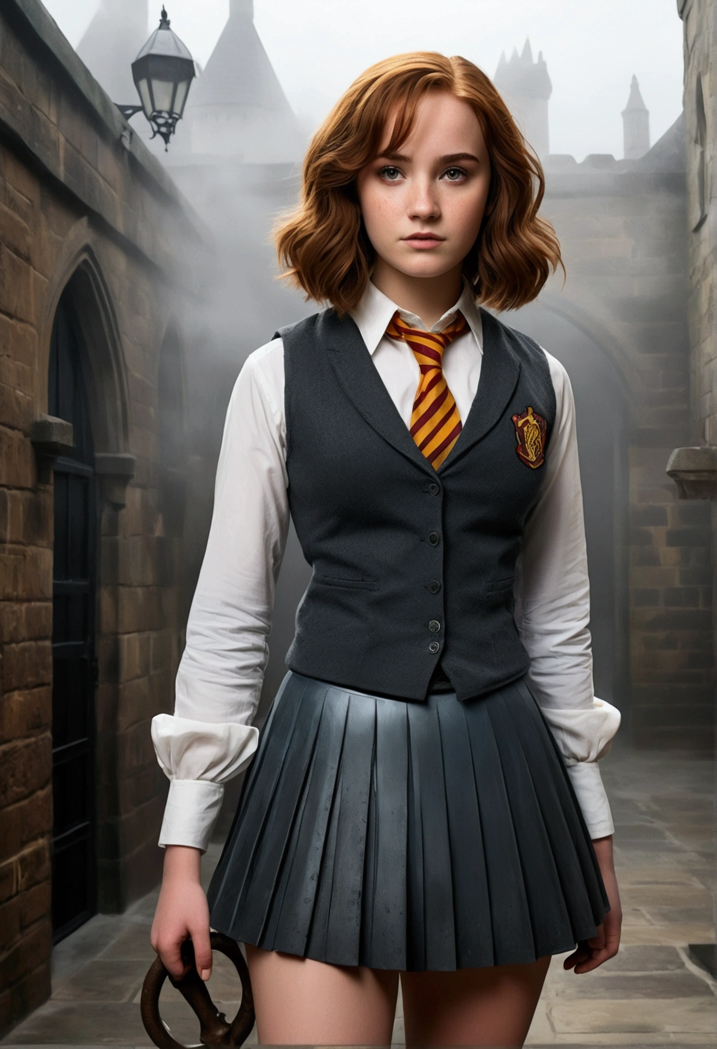 An illustrated movie poster, hand-drawn, full color, a female Hogwarts student, 18-years-old, wearing a charcoal vest and a pleated skirt, toned, amazonian stature, athletic hourglass figure, full wide hips, massive round butt, long shapely legs, ridiculously thick powerful thighs, vibrant hazel eyes, deep dark auburn hair, short curly bob cut, flushed sun-kissed complexion, freckles, resembles Genevieve O'Reilly, standing in a foggy Hogwarts courtyard, surrounded by mist, graphite shading, stencil marks, airbrushed acrylic paint, masterpiece, in the Deathly Hallows