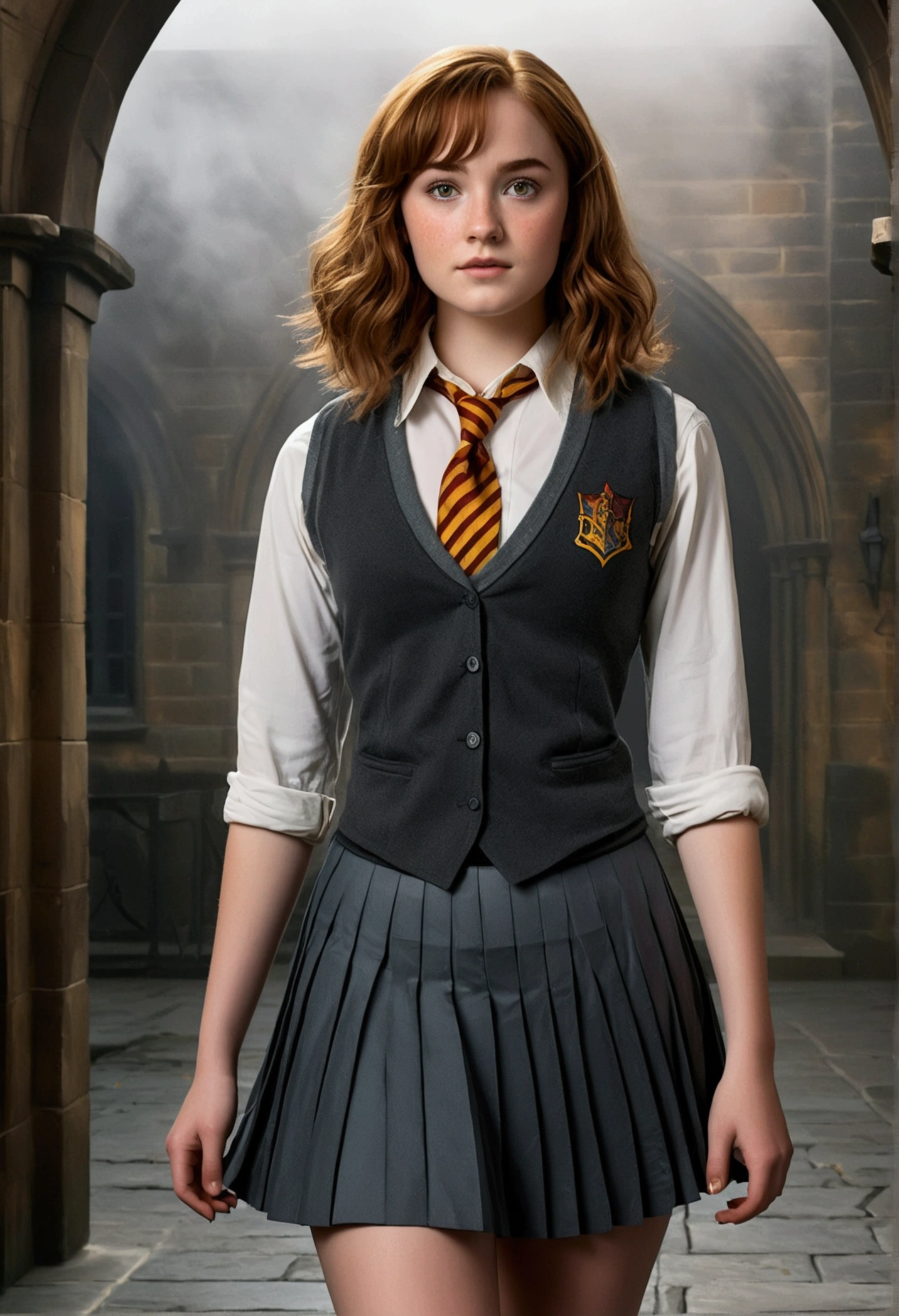 An illustrated movie poster, hand-drawn, full color, a female Hogwarts student, 18-years-old, wearing a charcoal vest and a pleated skirt, toned, amazonian stature, athletic hourglass figure, full wide hips, massive round butt, long shapely legs, ridiculously thick powerful thighs, vibrant hazel eyes, deep dark auburn hair, short curly bob cut, flushed sun-kissed complexion, freckles, resembles Genevieve O'Reilly, standing in a foggy Hogwarts courtyard, surrounded by mist, graphite shading, stencil marks, airbrushed acrylic paint, masterpiece, in the Deathly Hallows