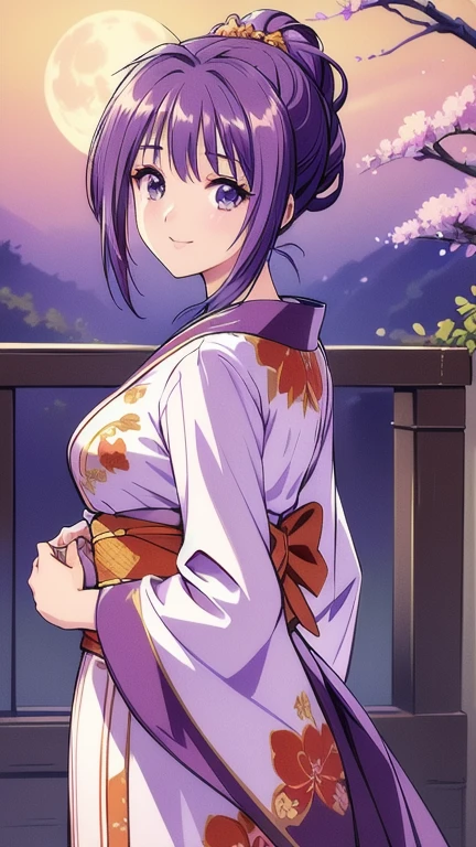 ((masterpiece, Highest quality, Highest quality, Official Art, beautifully、beautiful:1.2)),((masterpiece)),((Vibrant colors)),((Ayako Katagiri)),((A happy smile)),((kimono)),((looks fun)),,(Porch of the ryokan),(Shoulders exposed),(full moon),(Cherry Blossoms at Night),(2),(B Cup Bust)