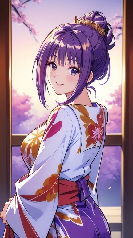 ((masterpiece, Highest quality, Highest quality, Official Art, beautifully、beautiful:1.2)),((masterpiece)),((Vibrant colors)),((Ayako Katagiri)),((A happy smile)),((kimono)),((looks fun)),,(Porch of the ryokan),(Shoulders exposed),(full moon),(Cherry Blossoms at Night),(2),(B Cup Bust)