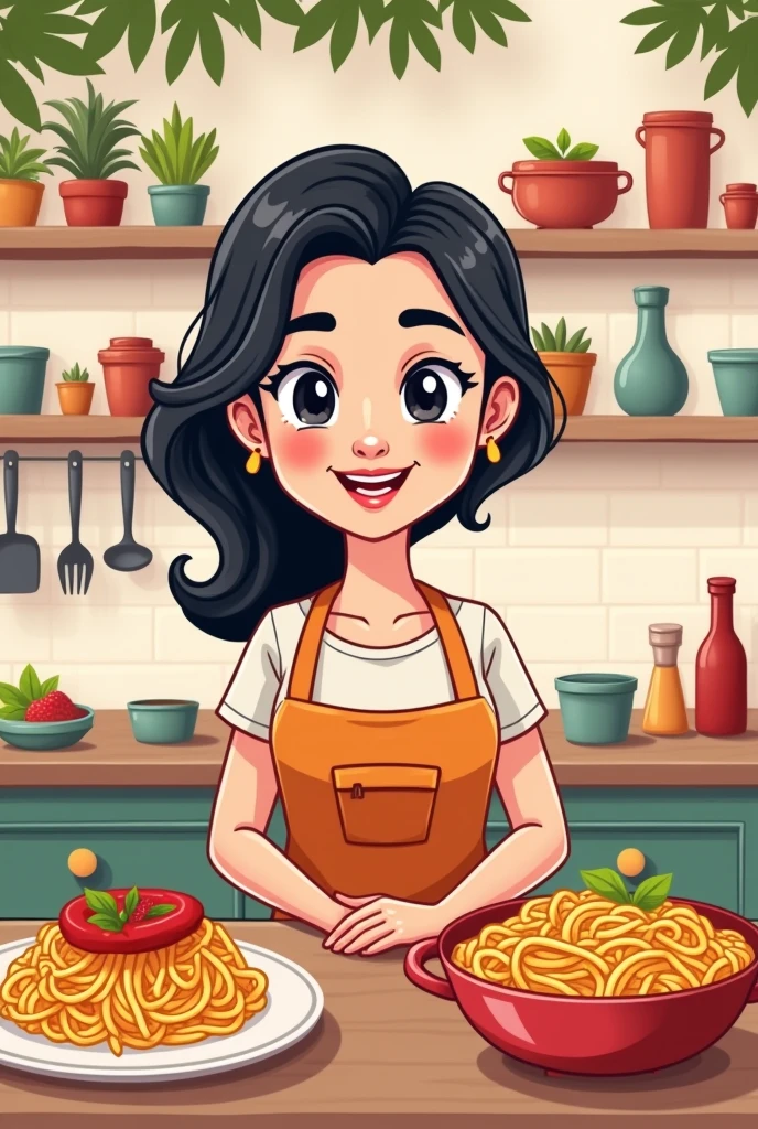 I wanna create a logo for my Instagram cooking blog called Behind The Apron. A cartoon of me, with fair skin and black hair, standing in front of a kitchen counter filled with cooking ingredients. You could be surrounded by pasta, biryani, noodles, etc…
I want it to say "Behind the Apron" in a bold font.
