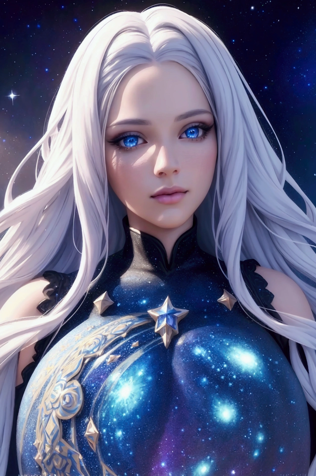 a beautiful detailed princess, long white hair, blue eyes reflecting the galaxy, wearing a short tight dress with designs of many stars and galaxies, (best quality,4k,8k,highres,masterpiece:1.2),ultra-detailed,(realistic,photorealistic,photo-realistic:1.37),highly detailed face, detailed eyes,detailed lips,extremely detailed face and features,long eyelashes,detailed dress,detailed galaxy and star patterns,fantasy,ethereal,glowing,shimmering,intricate details,vivid colors,dramatic lighting,cinematic