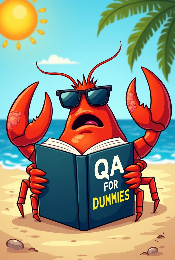En style cartoon/ dessin animé comique.
Un homard bronzé avec des lunettes de soleil avec un coup de soleil. Et qui a un livre « QA for dummies »