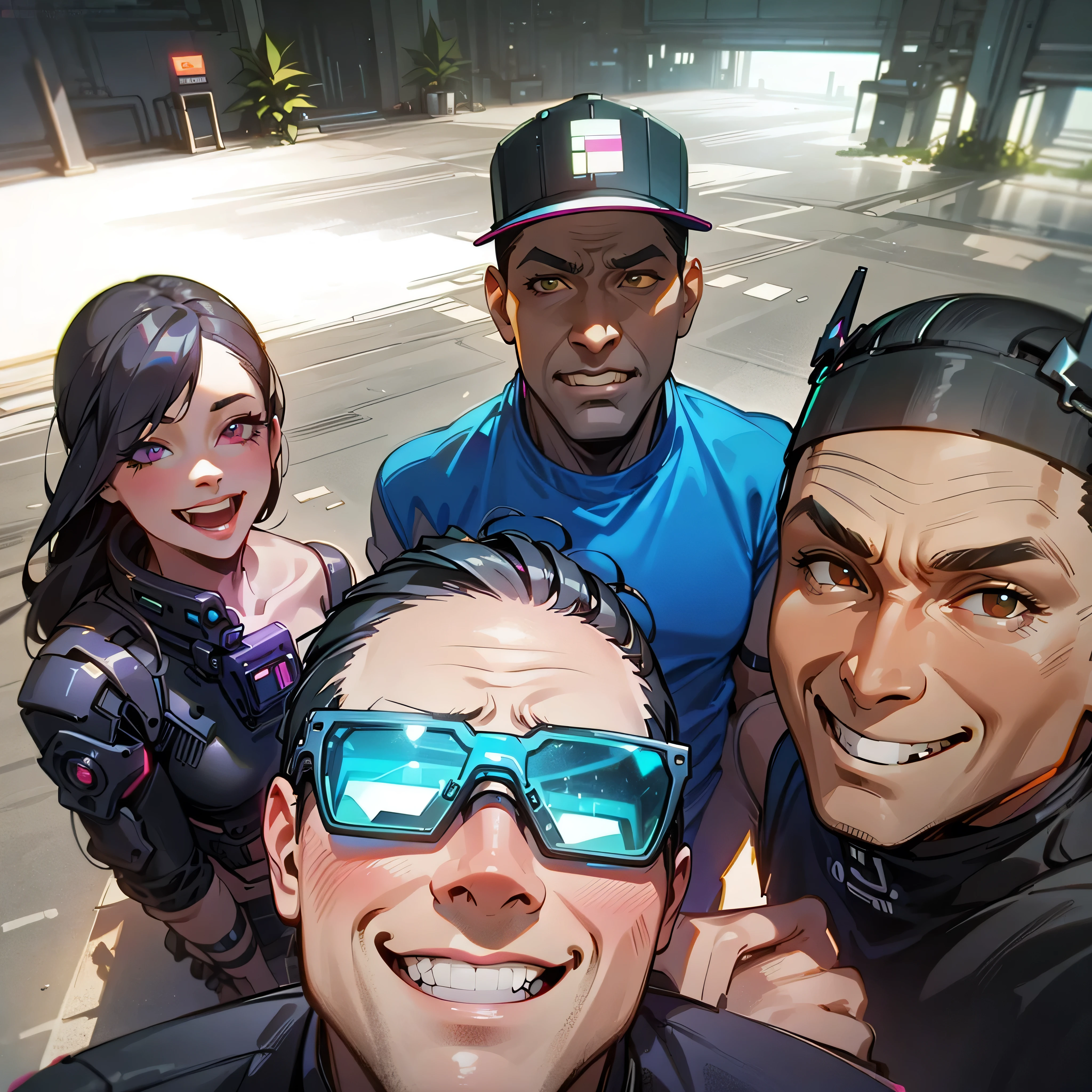 there are three people that are taking a selfie together, in marijuanas gardens, beautiful surroundings, with many travelers, selfie!!!!!, at a park, having a great time, at the park, vacation photo, instagram post, taken on go pro hero8, go pro, selfie shot straight on angle, shot on gopro9, 4k post, postHD, (Best Detail), (Best Quality), colorful, cyberpunk, neon, beautiful lights, purple reflections,
