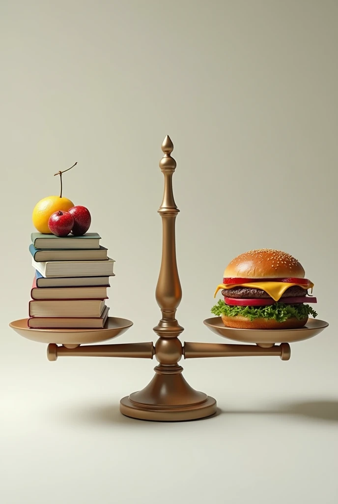 On a scale, one side has books and the other side has fruits and hamburgers