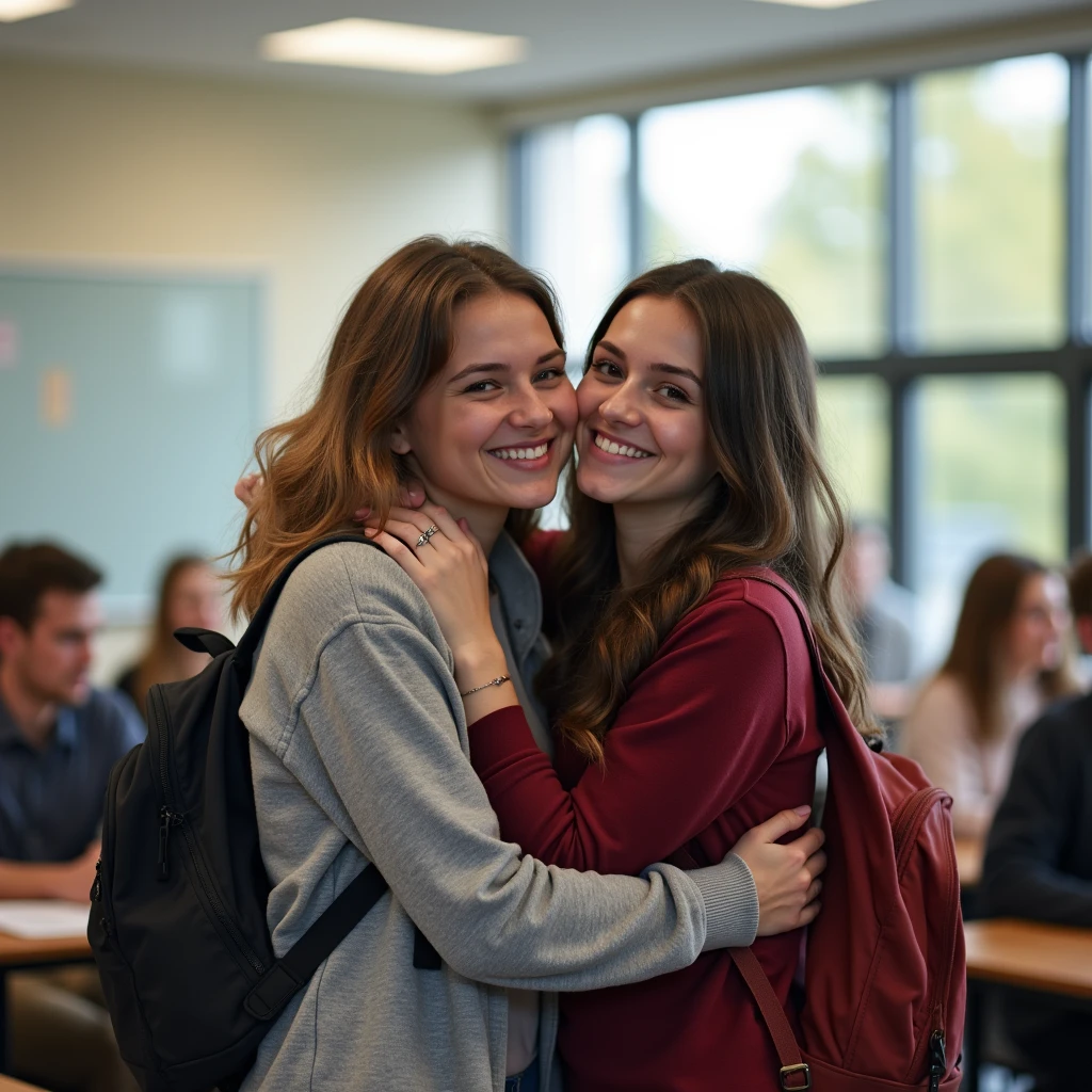 A high school couple hugging in the classroom